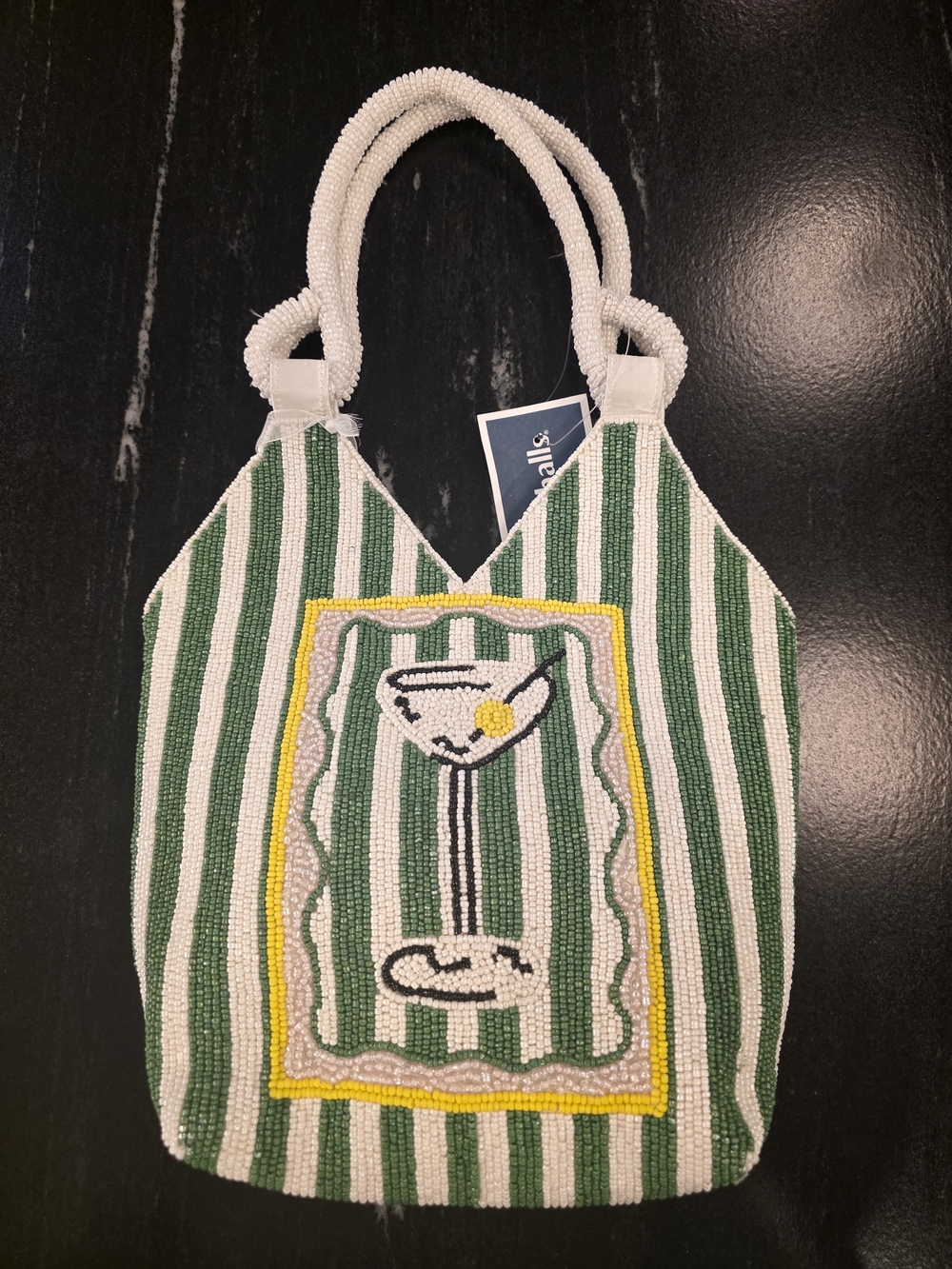Beaded Green & White Striped Martini Tote